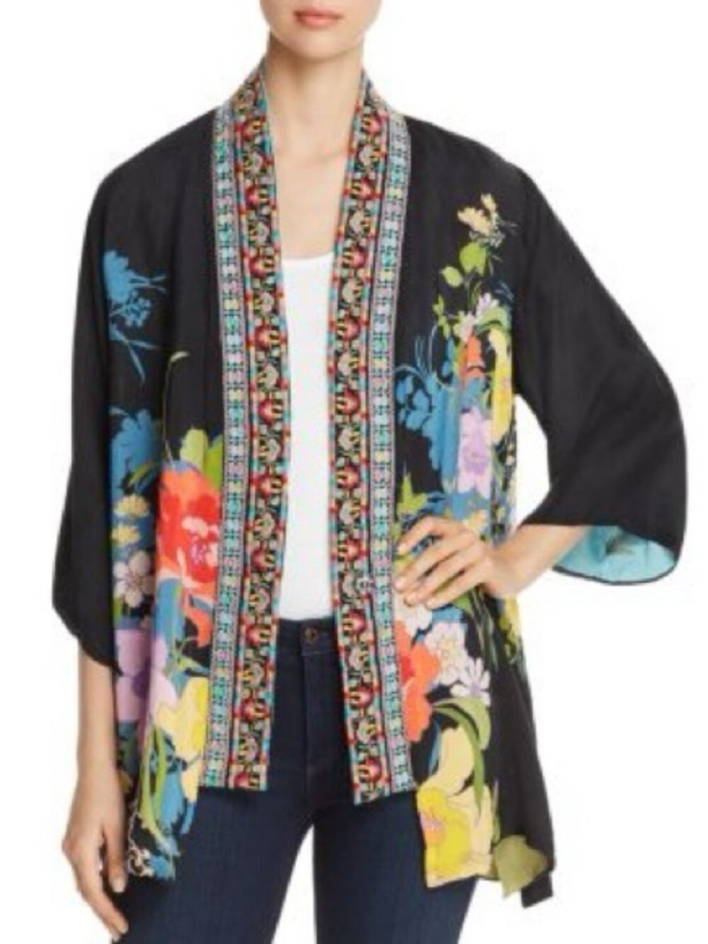 Johnny Was Fuskha Reversible Flower Embroidered Kimono Snap Front Jacket XS